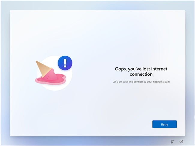 Mesajul de eroare „Fără Internet” pe care vi-l oferă programul de instalare Windows 11.