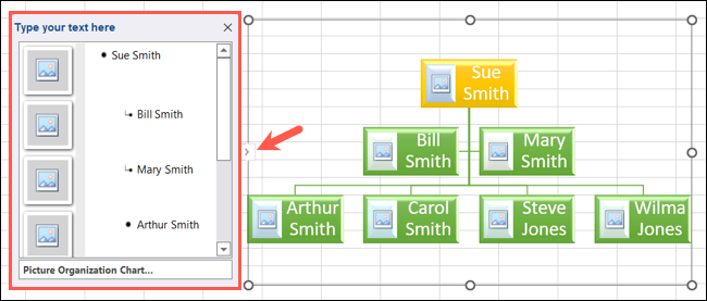Caseta de introducere a textului pentru un grafic SmartArt în Excel