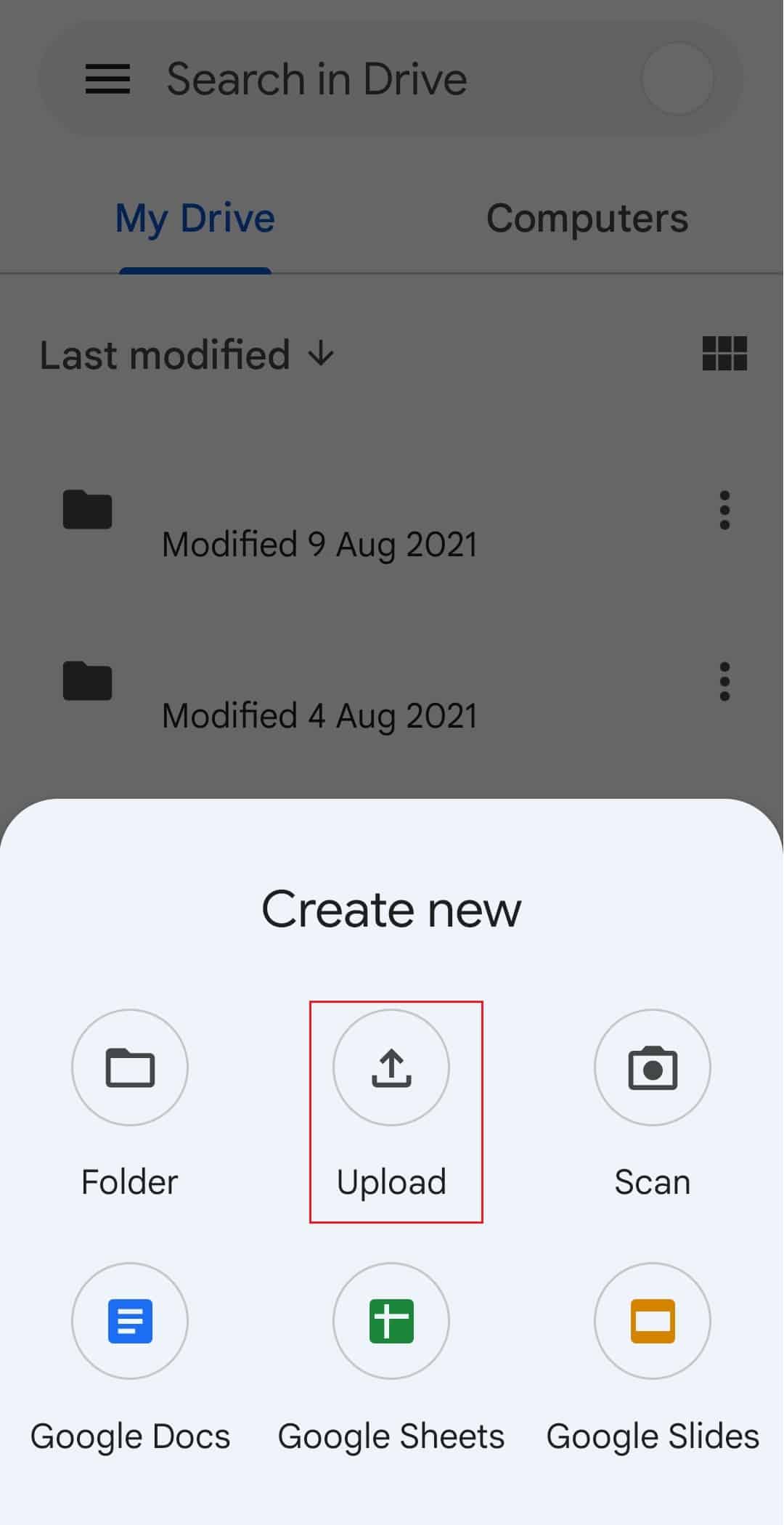 tocca l'opzione Carica nell'app di Google Drive