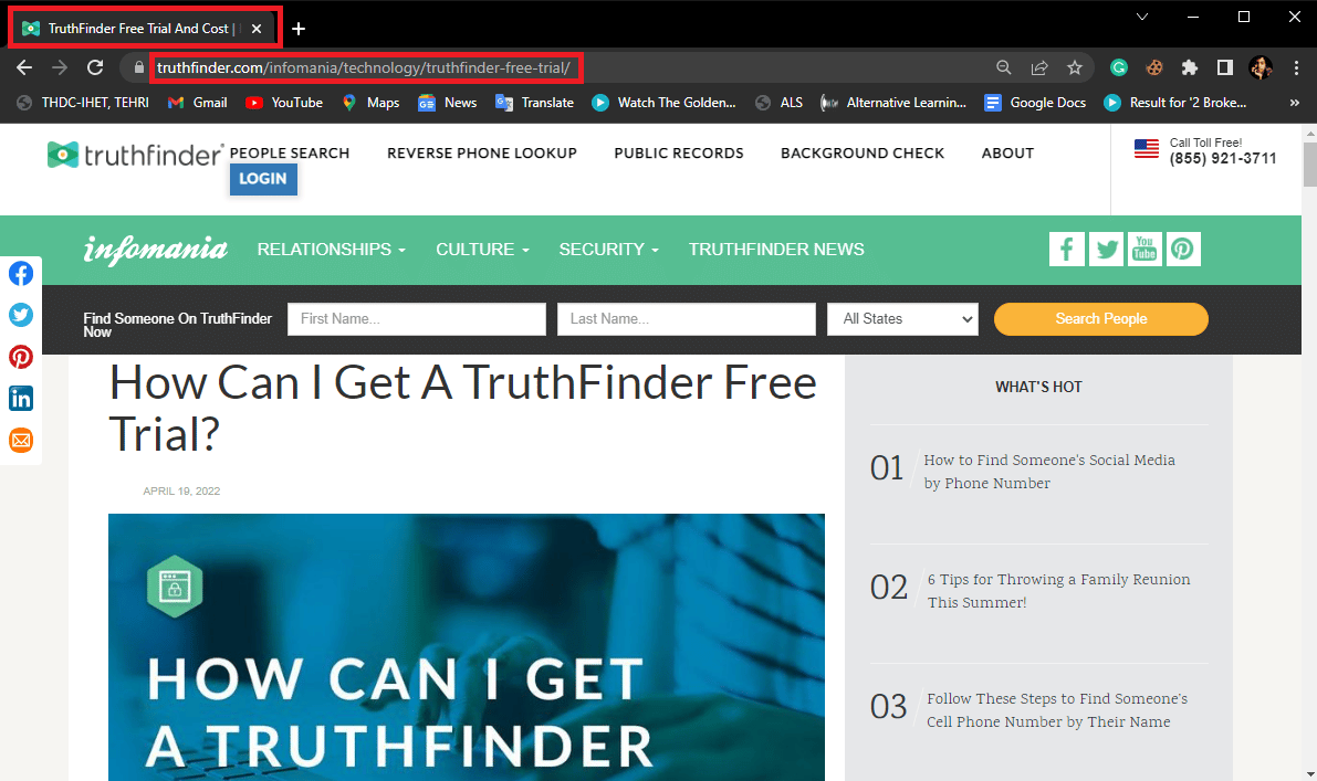 Buka Google Chrome dari menu Mulai dan kunjungi halaman Uji Coba Gratis TruthFinder