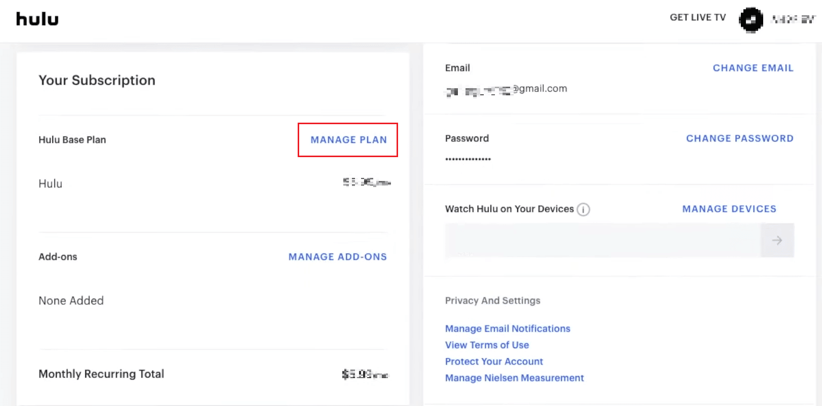 點擊管理計劃 |您如何更改您在 Hulu 上的帳戶