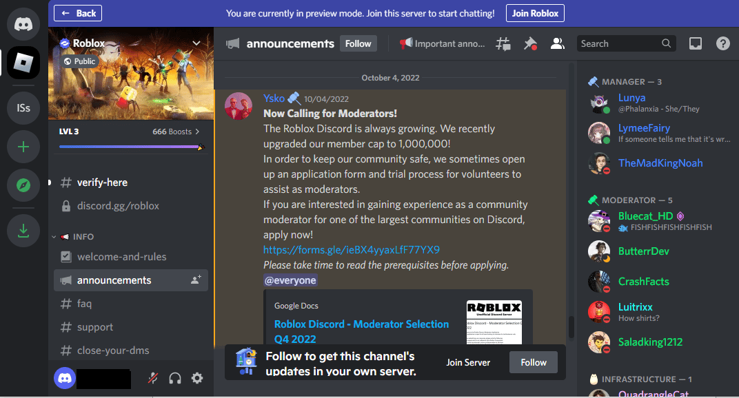 Discord-Seite von Roblox