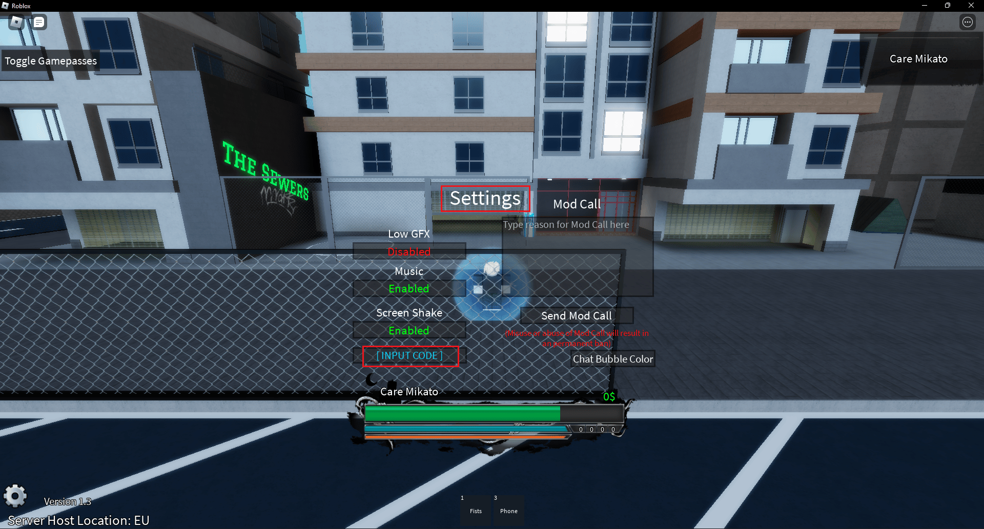 Eingabecode in den Einstellungen des Spiels Roblox Mighty Secunda
