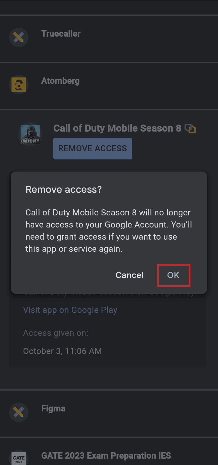 Bağlantıyı kaldırma işlemini onaylamak için Tamam'a dokunun | Call of Duty Hesabının Bağlantısını Nasıl Kaldırırsınız | Activision hesabınızın bağlantısını tekrar kaldırın