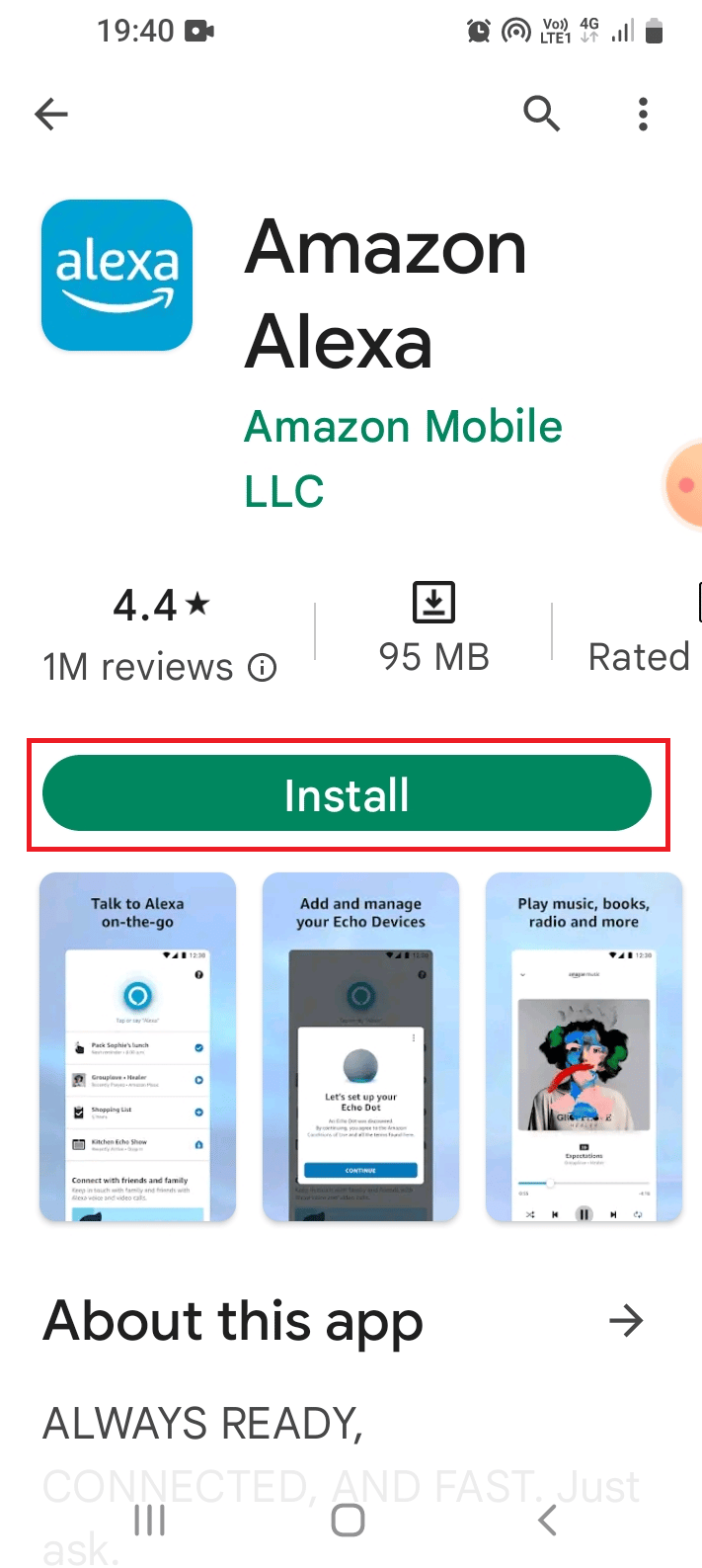 Suchen Sie in der Suchleiste nach der Amazon Alexa-App und tippen Sie auf die Schaltfläche Installieren