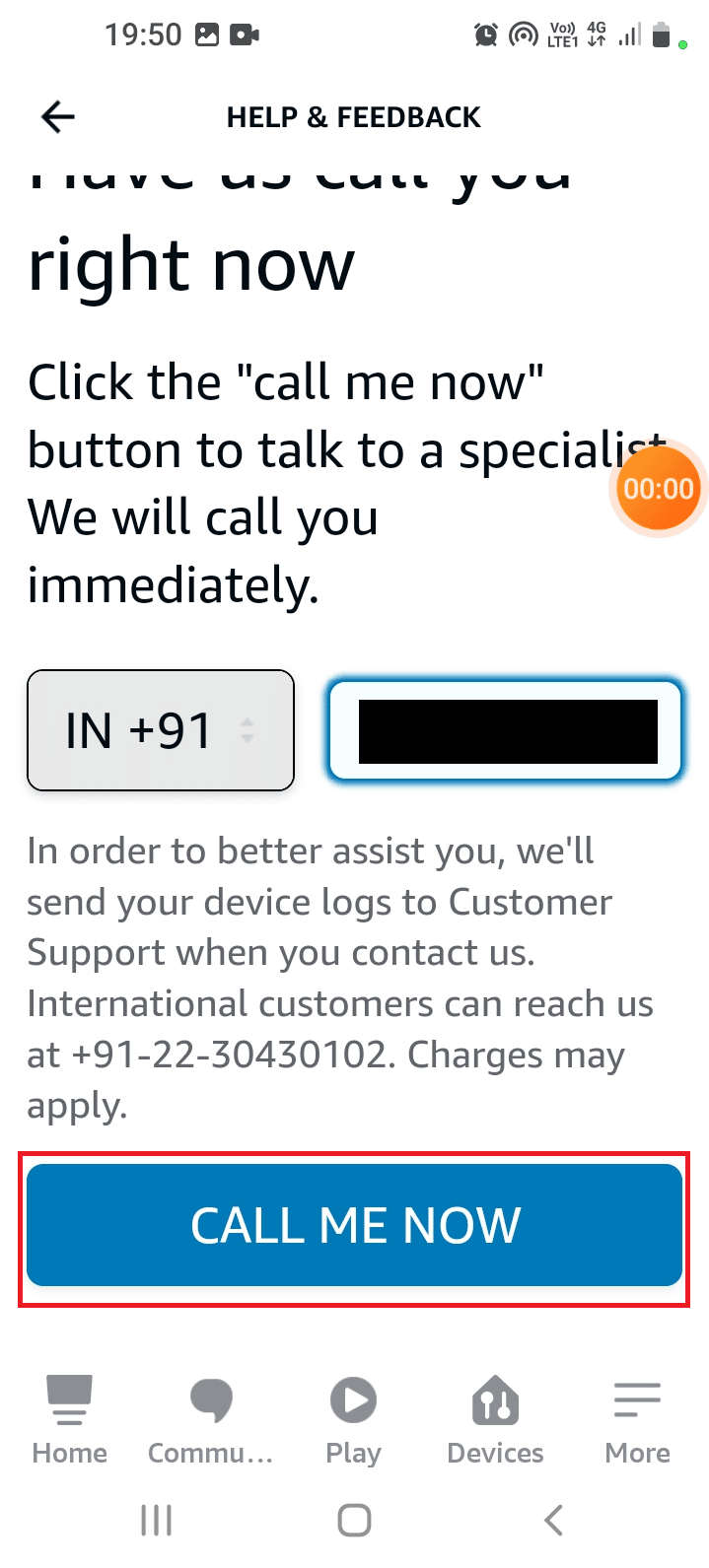 Geben Sie Ihre Telefonnummer in das Feld ein und tippen Sie auf die Schaltfläche JETZT ANRUFEN. Beheben Sie, dass Amazon Echo nicht eingeschaltet wird
