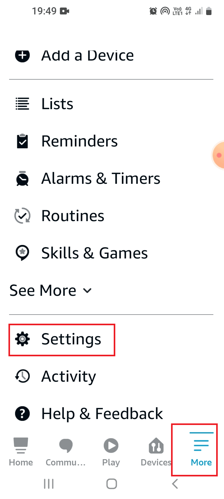Navigieren Sie unten zur Registerkarte Mehr und tippen Sie auf die Option Einstellungen. Fehlerbehebung bei Alexa Echo