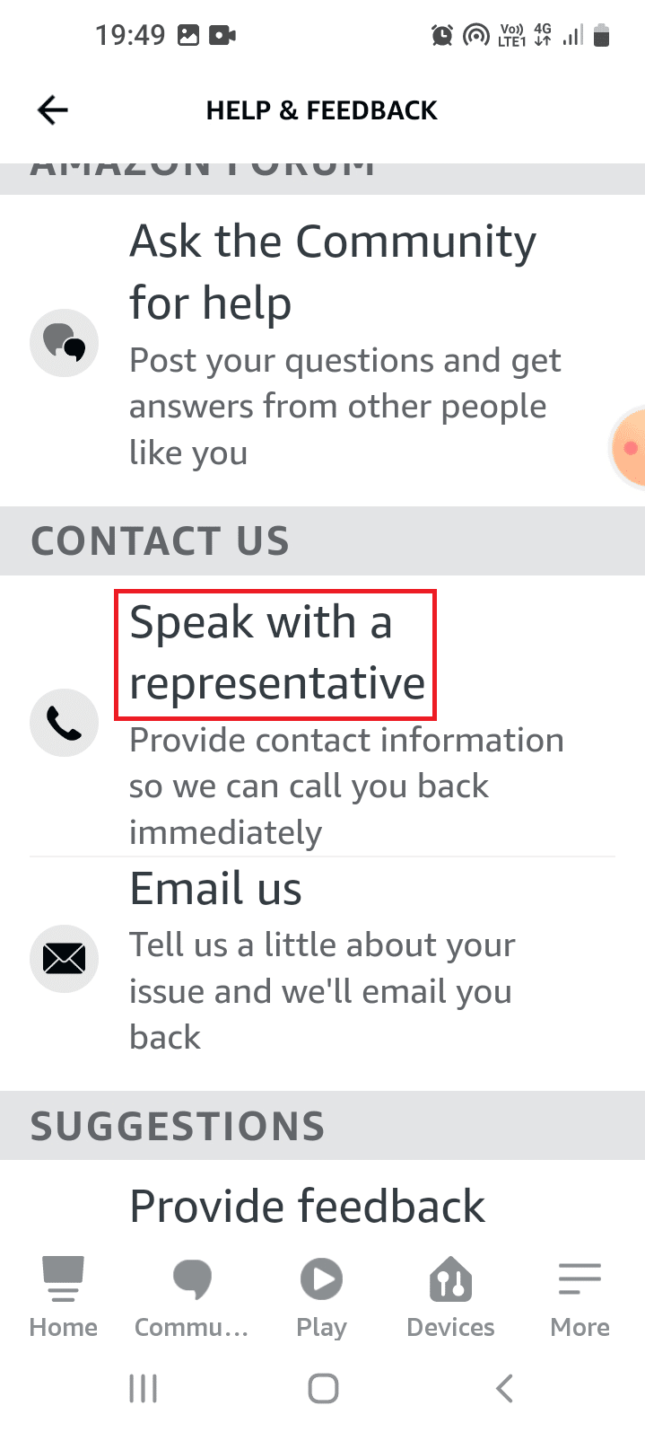 Tippen Sie im Abschnitt KONTAKT auf die Option Mit einem Vertreter sprechen. Fehlerbehebung bei Alexa Echo