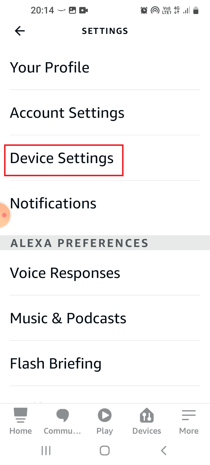 Tippen Sie auf die Option Geräteeinstellungen. Fehlerbehebung bei Alexa Echo