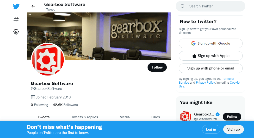 Gearbox Software의 Twitter 페이지