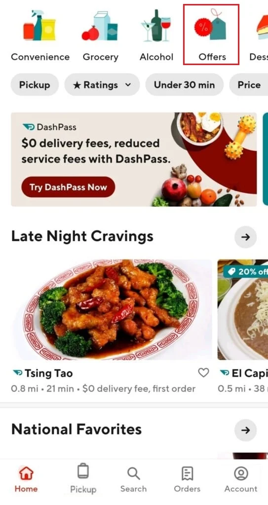 แตะที่ข้อเสนอในแอป doordash วิธีรับอาหารและจัดส่งฟรีบน DoorDash