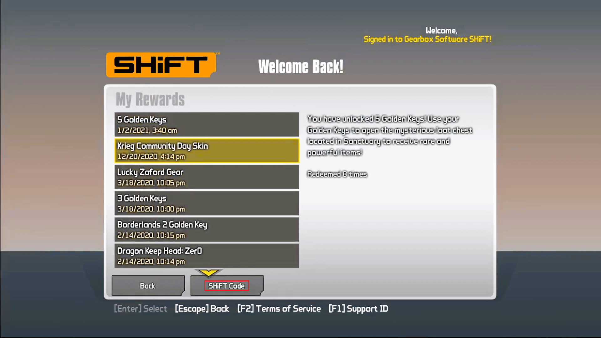 kliknij SHIFT Code w Borderlands 2 SHIFT Extras menu
