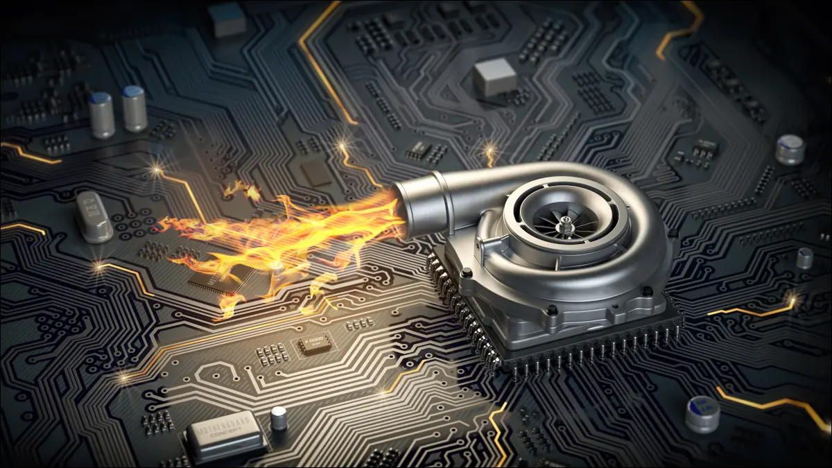 Bilgisayar anakartında ateş alevi olan bir CPU mikroçip turboşarjının 3D görüntüsü.