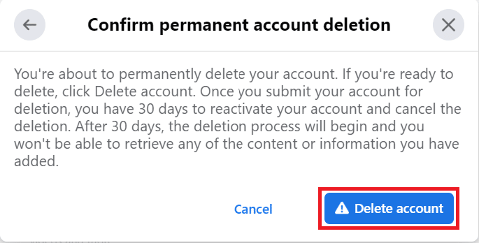 açılır pencerede Hesabı sil'i tıklayın | İki Facebook Hesabı Aynı E-postaya Sahip Olabilir mi?