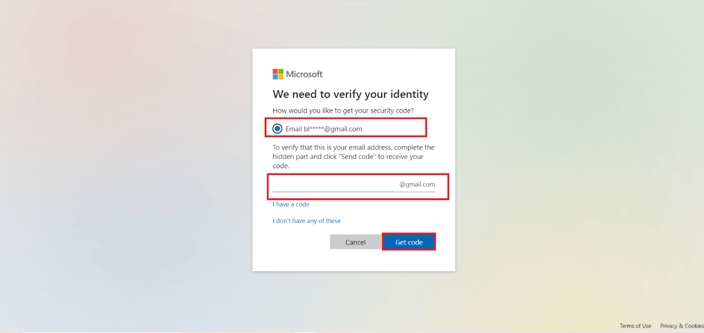 Wybierz adres e-mail, wprowadź adres pomocniczy i kliknij Pobierz kod | Jak odzyskać stare konto Xbox One?
