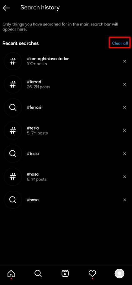 нажмите на очистить все | удалить предиктивный поиск в Instagram