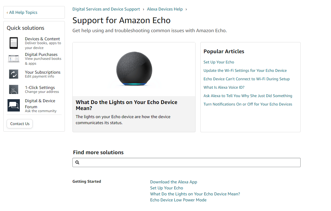 Página de soporte de Amazon Echo. Cómo reparar el error de Amazon Echo 7:3:0:0:1