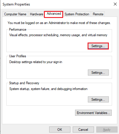 Navigați la fila Avansat și faceți clic pe butonul Setări din secțiunea Performanță. Remediați eroarea COD Vanguard Dev 6032 pe Windows 10