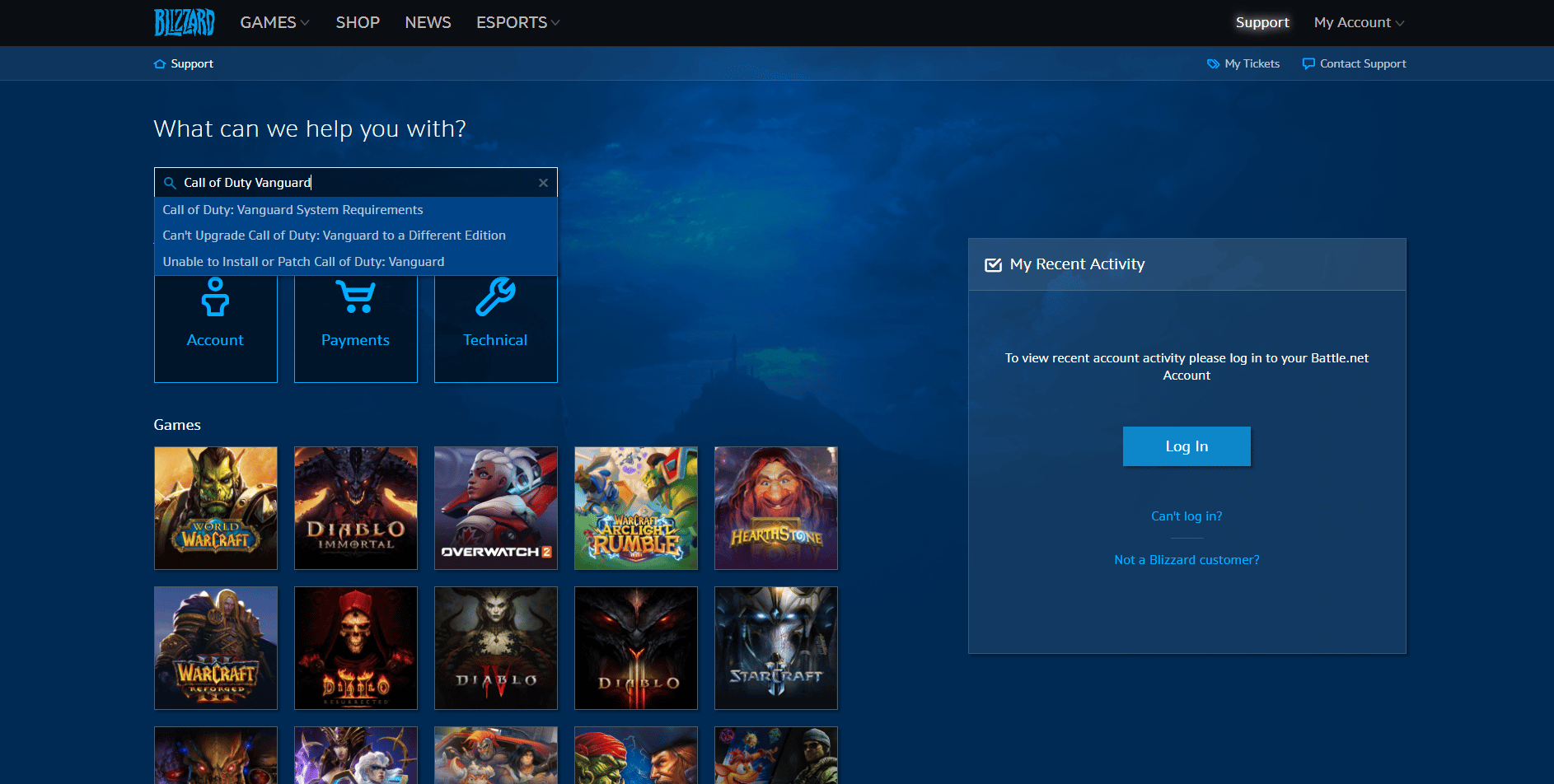 Pagina de asistență Blizzard