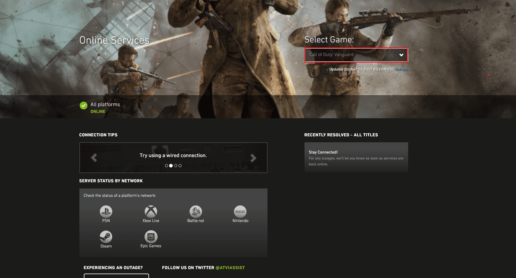 Pagina de stare a serverului Call of Duty Vanguard