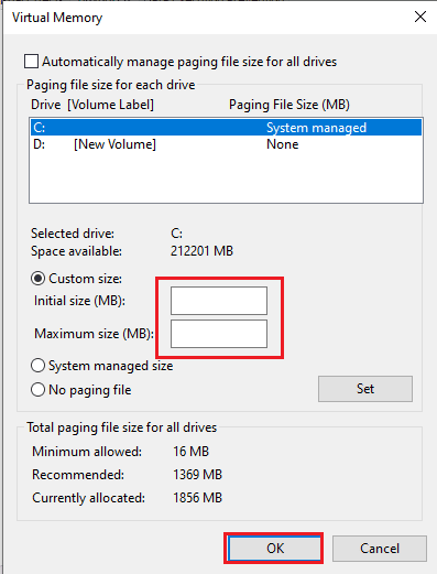 Introduceți valorile dimensiunii memoriei în câmpuri și faceți clic pe butonul OK. Remediați eroarea COD Vanguard Dev 6032 pe Windows 10