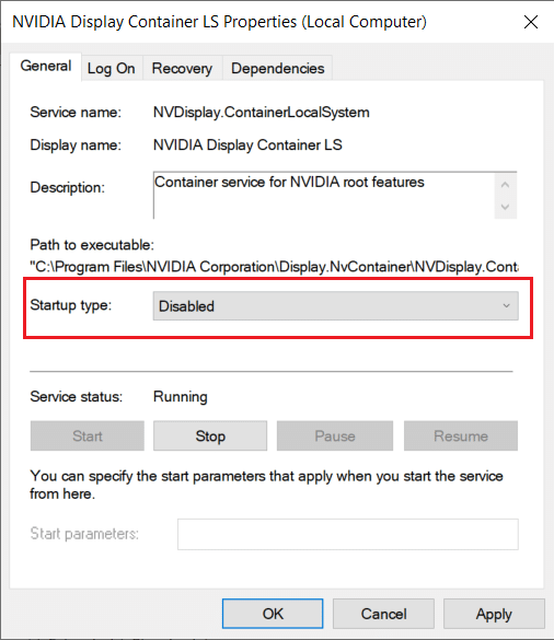 Dezactivați NVIDIA Display Container LS