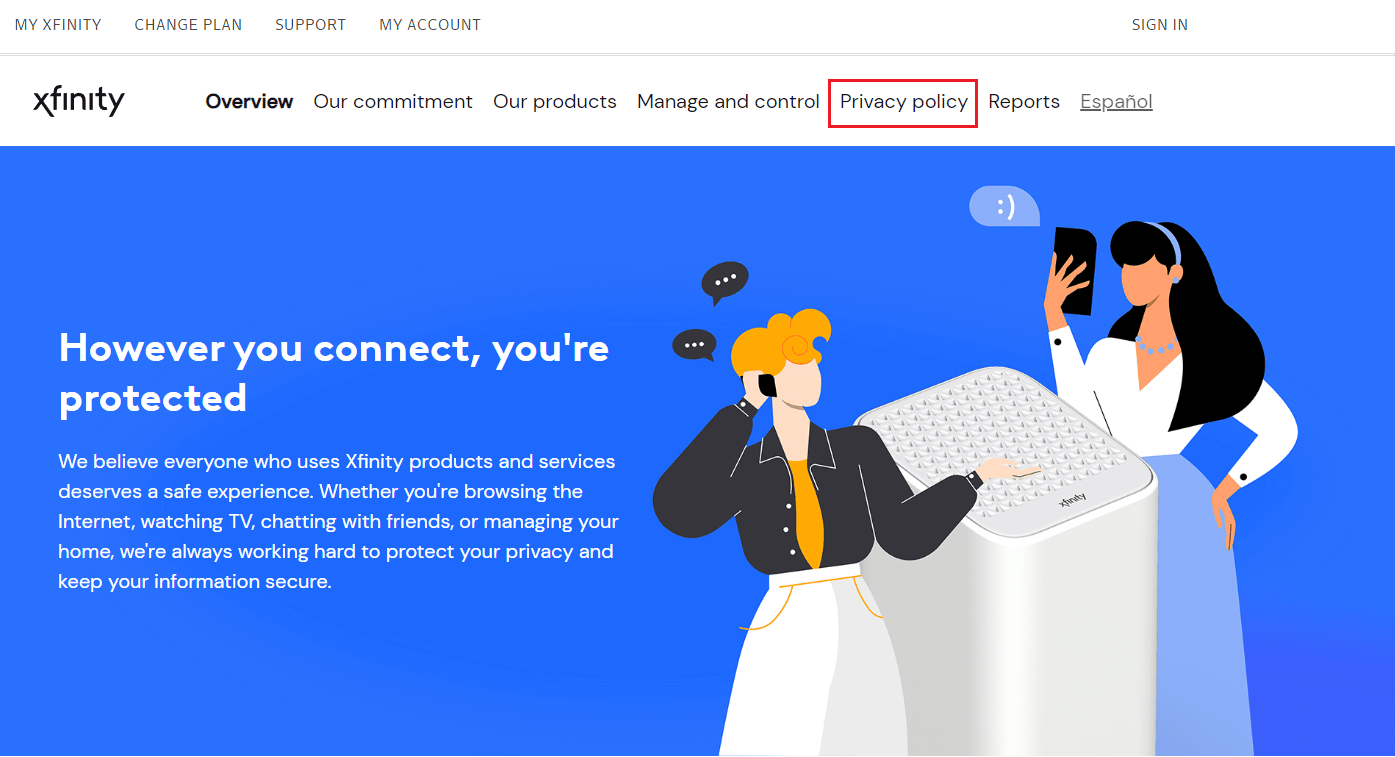 قم بزيارة صفحة مركز خصوصية Xfinity وانقر على سياسة الخصوصية