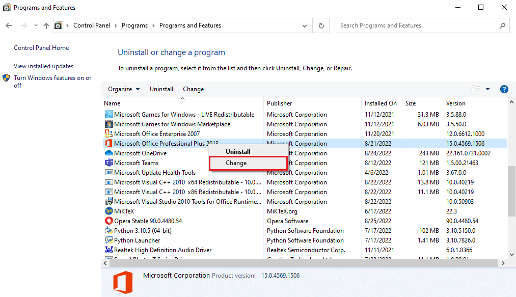 Znajdź pakiet Microsoft Office Professional Plus 2013 i kliknij go prawym przyciskiem myszy i kliknij Zmień