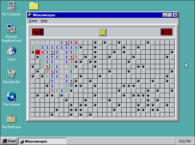 изображение Сапера в режиме «Эксперт» в Windows 95.