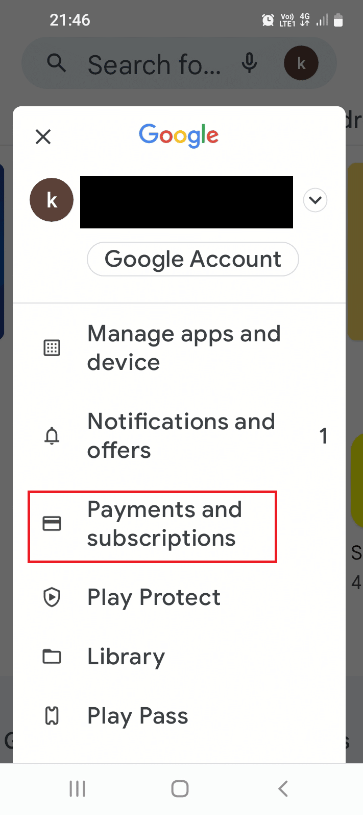 Tippen Sie auf die Option Zahlungen und Abonnements