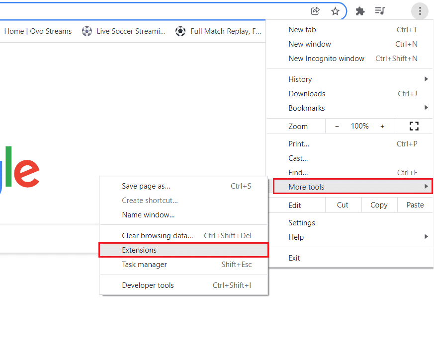[その他のツール] をクリックし、[Google Chrome の拡張機能] を選択します。