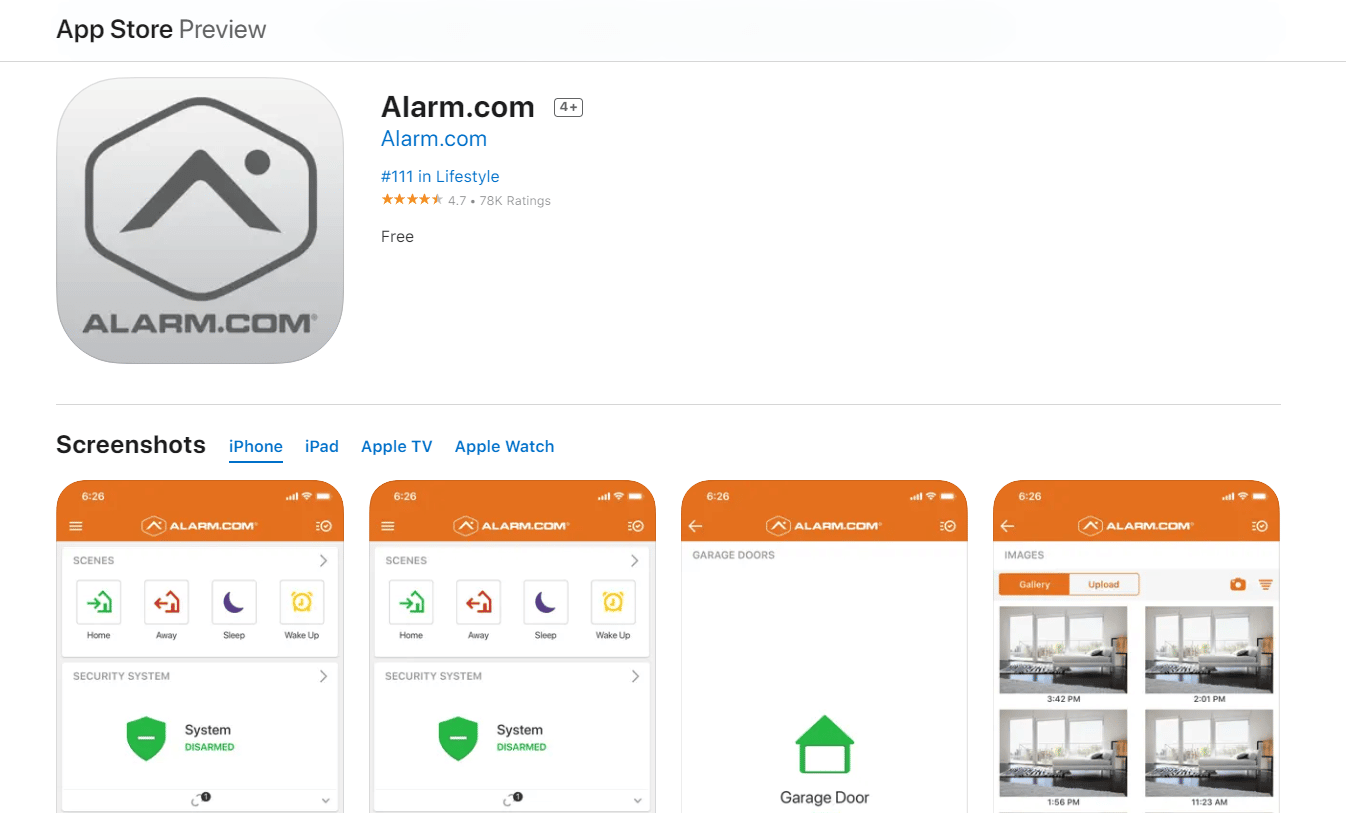 Loja de aplicativos Alarm.com | conecte sua mini câmera SQ11 ao seu telefone