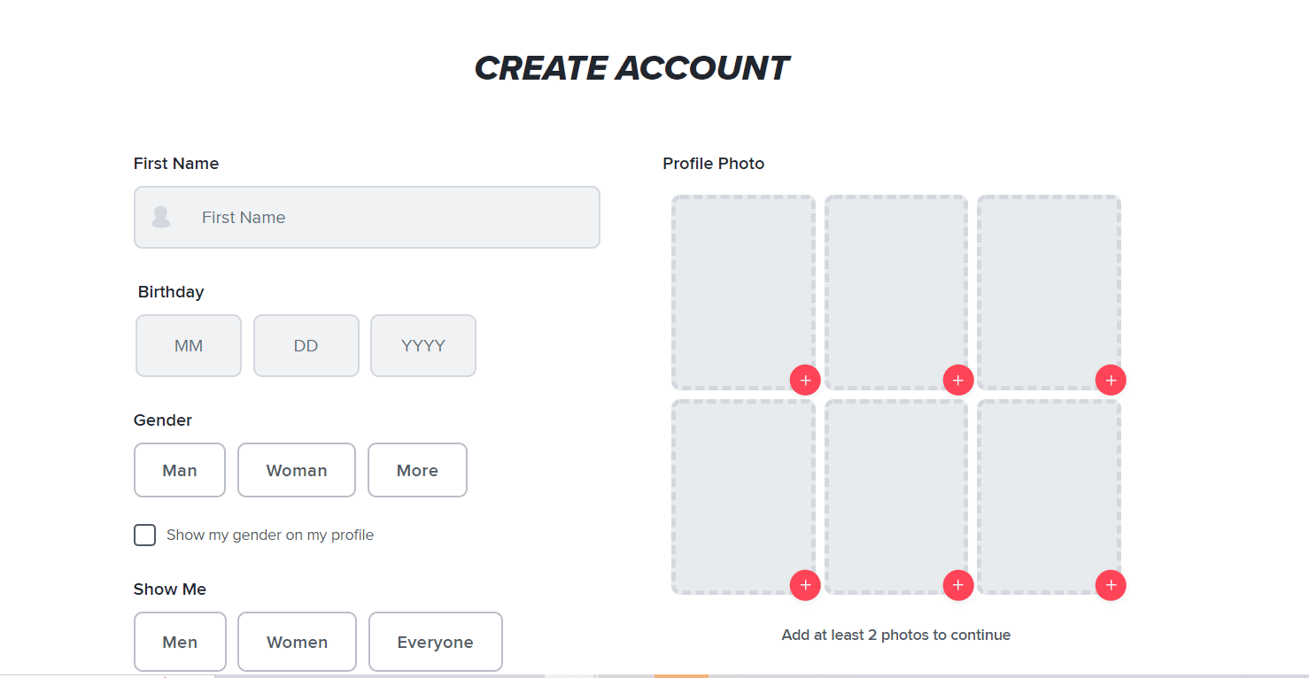 Isi detail yang diperlukan di halaman CREATE ACCOUNT | Cara Melewati Verifikasi Nomor Telepon Tinder