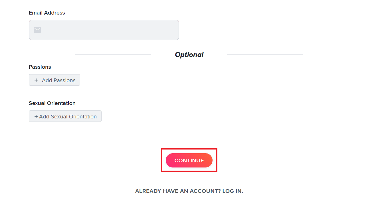 Klik Lanjutkan di bagian bawah untuk membuat akun | dapatkah Anda membuat akun Tinder baru setelah diblokir?