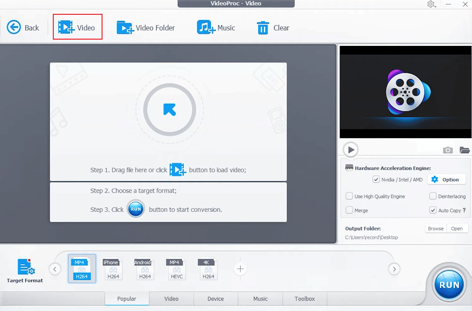 Untuk menambahkan satu atau lebih file video ke VideoProc Converter, klik +Video