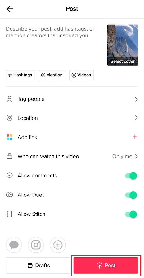 ketuk Posting untuk menyimpan video ini di tab Pribadi di profil Anda | Cara Mengunggah Video Berkualitas Tinggi di TikTok | perbaiki Unggah HD yang hilang di TikTok
