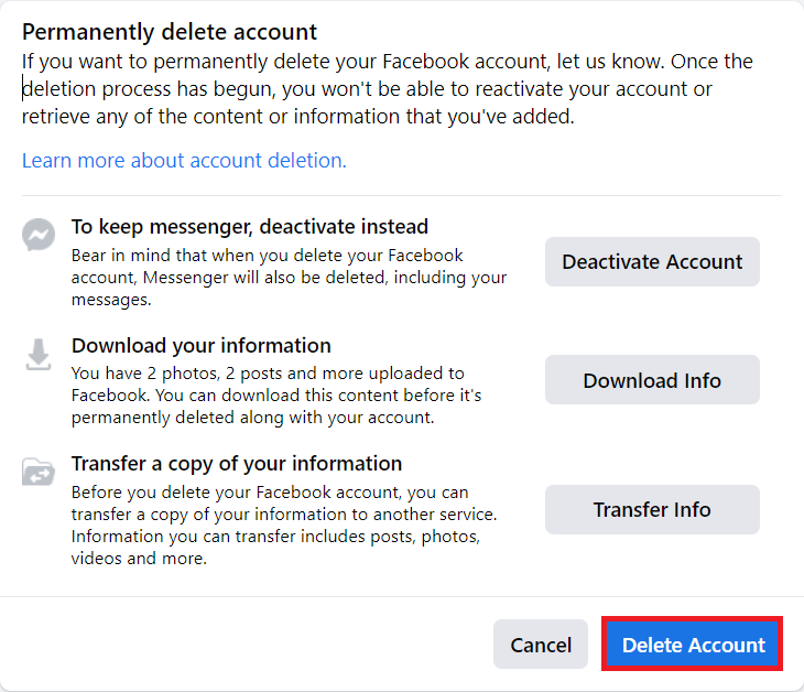 点击删除帐户 |如何删除所有 Facebook 图片