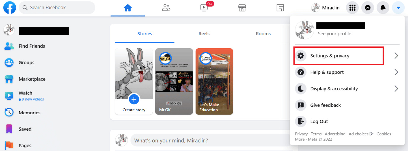 点击设置和隐私 |如何删除所有 Facebook 图片