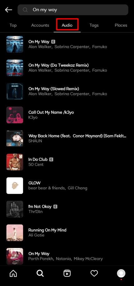 Ketuk tab Audio di menu atas setelah mengetik nama audio ke dalam kotak pencarian untuk memfilter hasil berdasarkan audio.