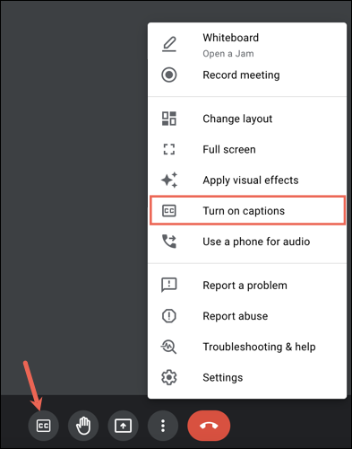 Aktifkan Teks di bilah alat dan menu Google Meet