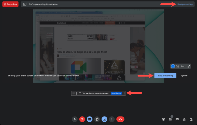 Berhenti Mempresentasikan dan Berhenti Berbagi di jendela Google Meet