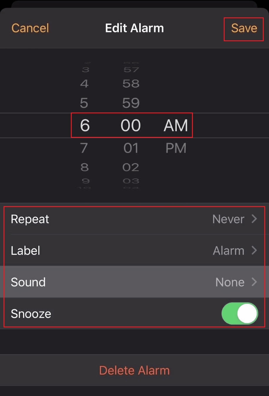 Atur waktu Alarm dengan AM atau PM - Atur Ulang - Label - Suara - Tunda - Simpan | ubah suara jam alarm di iPhone saya
