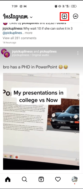 アップロード アイコン オプションをタップ |写真から Instagram フィルターを削除する方法
