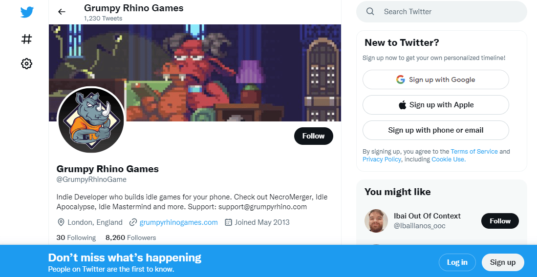 ตัวจัดการ Twitter ของเกม Grumpy Rhino