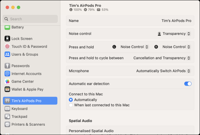 AirPods システム設定環境設定パネル