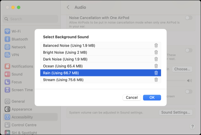 macOS 13 Ventura システム設定のバックグラウンド サウンド
