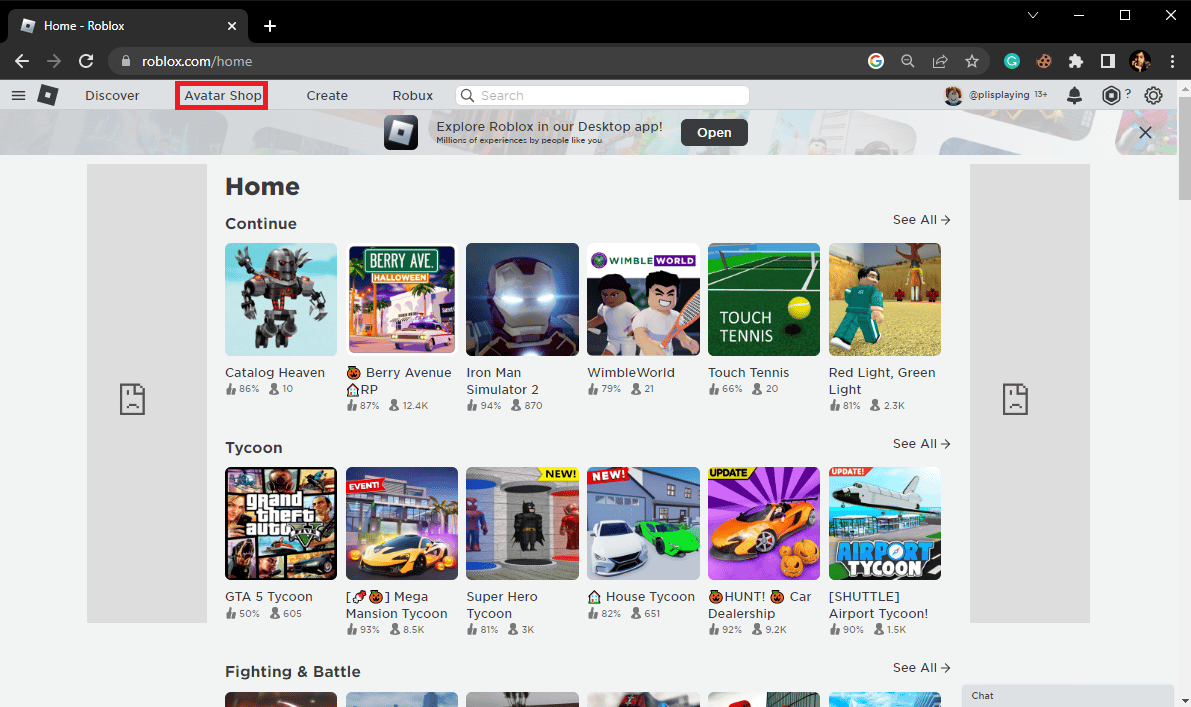 ค้นหาและคลิกที่ร้านอวาตาร์ในหน้าแรกของ Roblox