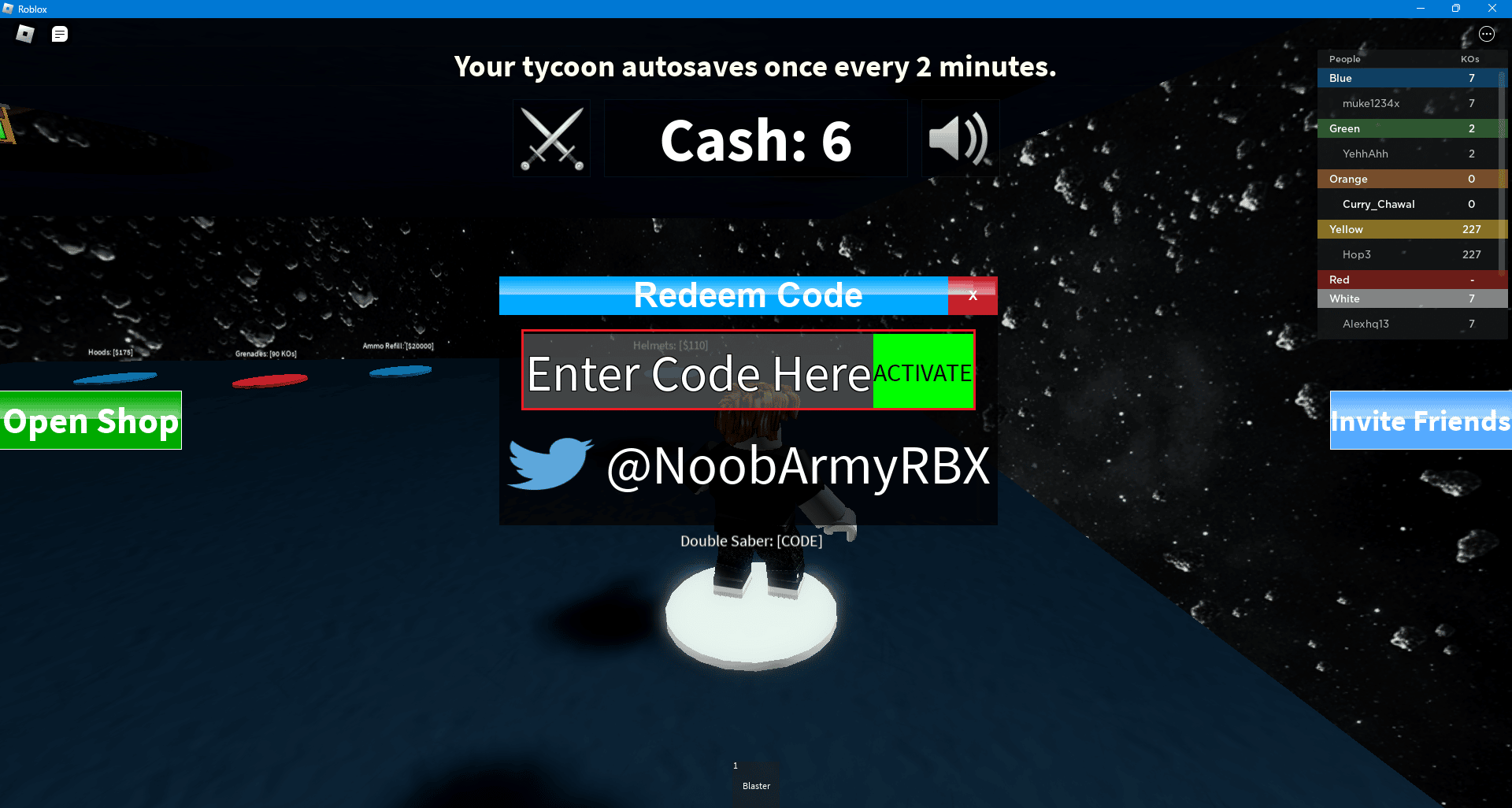 ingrese el código y haga clic en la opción ACTIVAR en el juego Roblox Death star tycoon