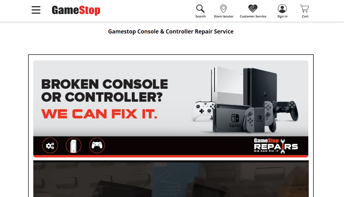 หน้าบริการซ่อมคอนโซลและคอนโทรลเลอร์ Gamestop