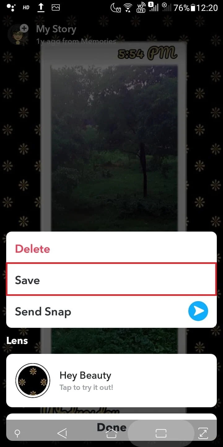 Ketuk Simpan untuk menyimpannya di folder Snaps Anda.